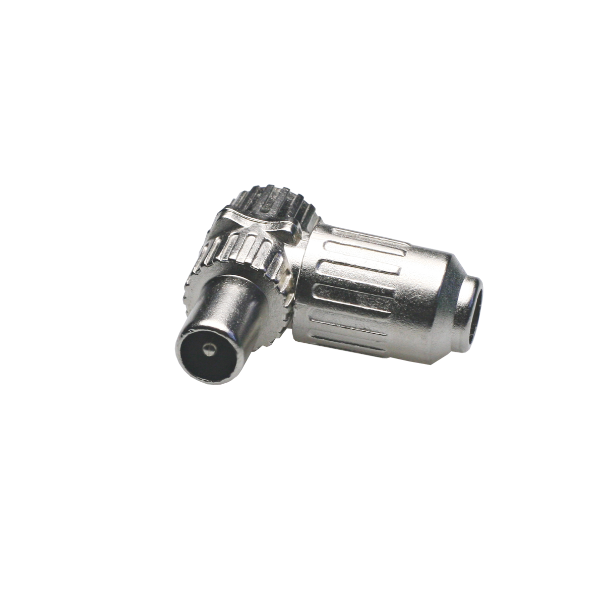 Mod. 126-M. Conector antena TV macho acodado, metálico