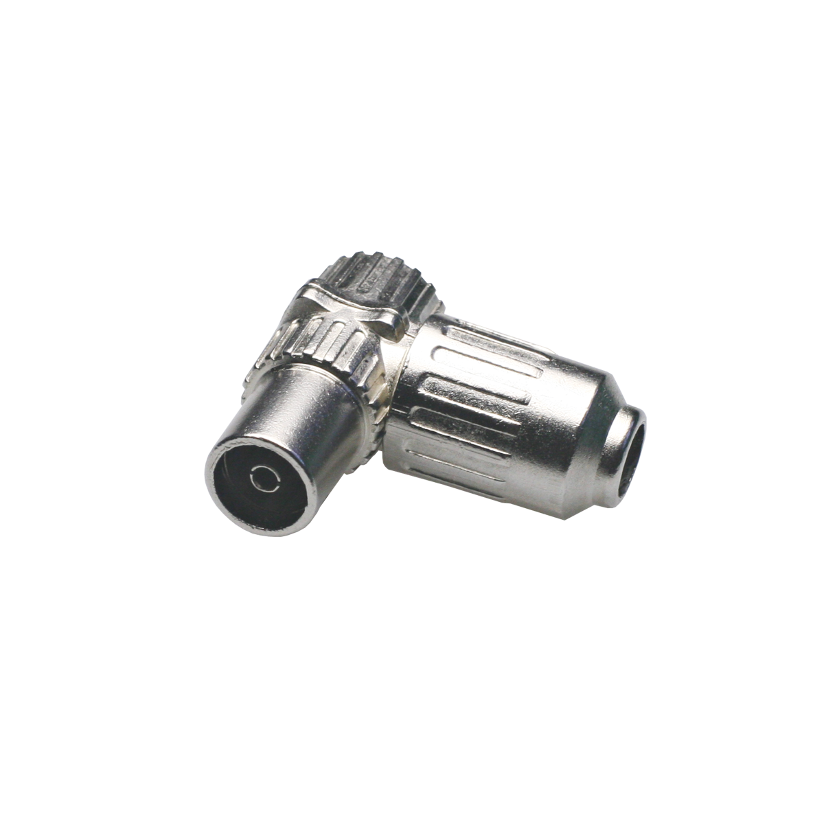 Mod. 127-M. Conector antena TV hembra acodado metálico